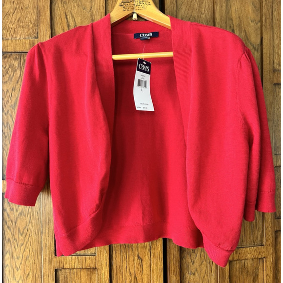 Ralph Lauren Chaps Cardigan Women SZ L Open NEW 3/4 Sleeve Yacht Red Cropped NWT - Picture 1 of 8